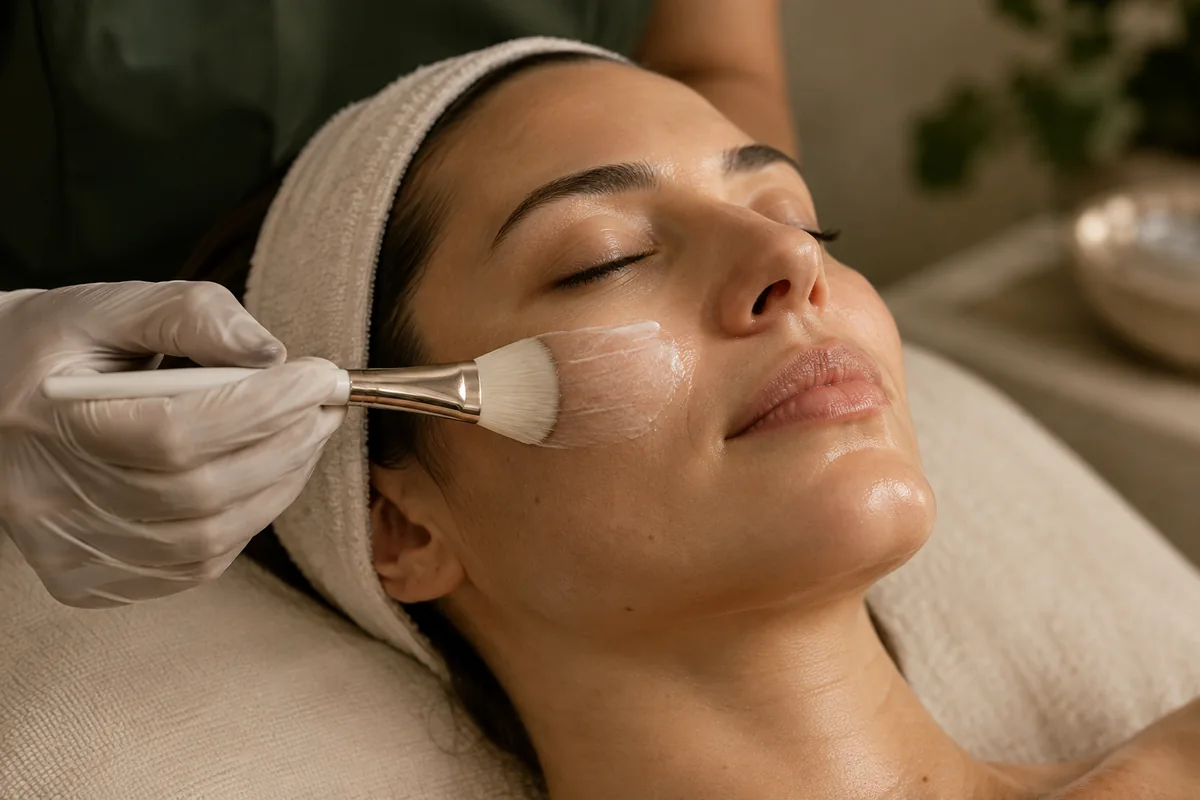 Aplicação cuidadosa de produto durante um ritual facial